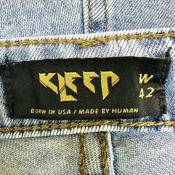 KLEEP Light Wash Denim Streetwear Stacked Skinny Jeans Distressed Patched Men 42 - Picture 9 of 11